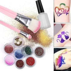 Tillfälliga Glittertatueringsset för Barn, 24 Stora Glitterfärger Kropps Glitter Festivalfest med 5 Borstar 2 Lim> Smink