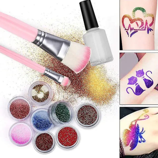 Tillfälliga Glittertatueringsset för Barn, 24 Stora Glitterfärger Kropps Glitter Festivalfest med 5 Borstar 2 Lim> Smink