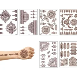 Tillfälliga tatueringar, Henna tatueringar Bruna röda tatueringar klistermärken Spets tillfälliga tatueringar Vattentäta kroppsklistermärken för kvinnor Flickor Kroppskonst 6 ark | Fyndiq> Smink