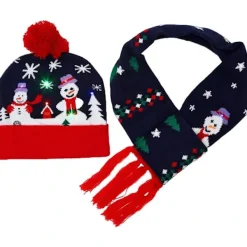 Tomte LED-upplyst mössa med halsduk stickad julmössa för vuxna barn vinter varm julmössa halsduk (C> Huvudbonader