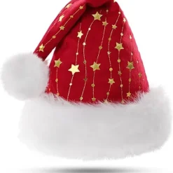 Tomtehatt för Vuxna, Fluffig Julhatt med Gyllene Stjärnor, Varm Stor Julhatt för Män och Kvinnor> Huvudbonader