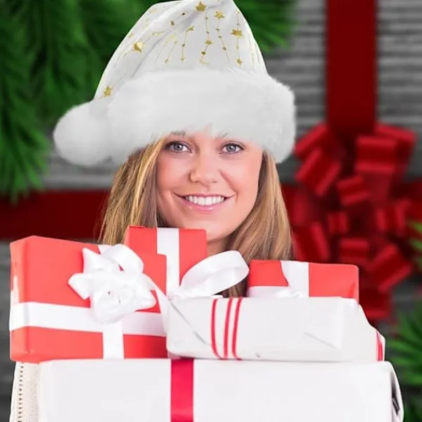 Tomtemössa för Vuxna Fluffig Julmössa med Gyllene Stjärnor Varm Stor Julmössa för Män och Kvinnor> Huvudbonader