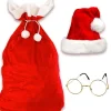 Tomtesäck + Tomteluva och glasögon. Stor röd julklappssäck i sammet, presentpåsar, röda och vita glasögon och hatt. Kostym för julfesten.> Tillbehör