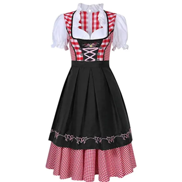 KOOLYOU Traditionell bayerk Oktoberfet-dräkt, rutig Dirndl-klänning för kvinnor, förklädeklänning, tyk öl-tjej, piga, coplay-fetklänning Black> Dräkter