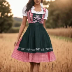 KOOLYOU Traditionell bayerk Oktoberfet-dräkt, rutig Dirndl-klänning för kvinnor, förklädeklänning, tyk öl-tjej, piga, coplay-fetklänning Black> Dräkter