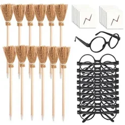 Trollkarls-festartiklar - Trollkarlsglasögon med rund ram utan linser, Häxkvastpenna & Flash Tempor> Tillbehör