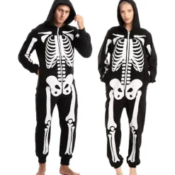 Unisex Skelett Onesie Pyjamas Plysch Skelett Jumpsuit Dragkedja Halloween Hoodie Pyjamas för Vuxna Sovkläder Kostym Svart L> Dräkter
