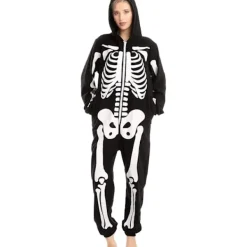 Unisex Skelett Onesie Pyjamas Plysch Skelett Jumpsuit Dragkedja Halloween Hoodie Pyjamas för Vuxna Sovkläder Kostym Svart L> Dräkter