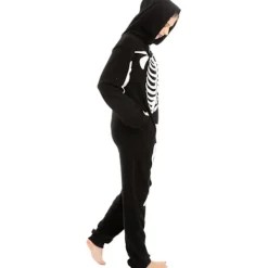 Unisex Skelett Onesie Pyjamas Plysch Skelett Jumpsuit Dragkedja Halloween Hoodie Pyjamas för Vuxna Sovkläder Kostym Svart L><noscript><img width=