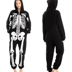 Unisex Skelett Onesie Pyjamas Plysch Skelett Jumpsuit Dragkedja Halloween Hoodie Pyjamas för Vuxna Sovkläder Kostym Svart L><noscript><img width=