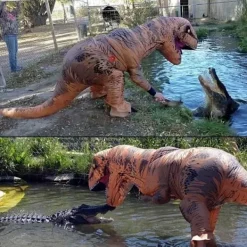 Uppblåsbar T-Rex Dinosaurie Kostym Halloween Maskerad Klädsel för Vuxna (Brun)><noscript><img width=