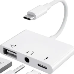 USB C-adapter 3,5 mm-uttag med snabbladdning OTG-adapter, Typ C till Aux-splitter hörlurar ljud (vit)> Smink