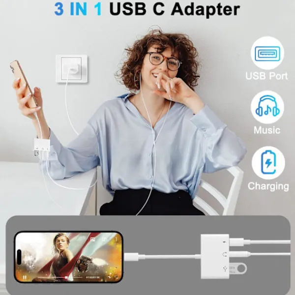 USB C-adapter 3,5 mm-uttag med snabbladdning OTG-adapter, Typ C till Aux-splitter hörlurar ljud (vit)> Smink