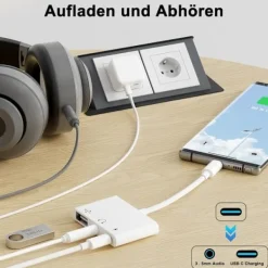 USB C-adapter 3,5 mm-uttag med snabbladdning OTG-adapter, Typ C till Aux-splitter hörlurar ljud (vit)><noscript><img width=
