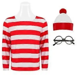 Var är Valle Cosplay Kostym Valle Cos Röd och Vit Randig Tröja Glasögon Hatt Vuxen Jul M> Dräkter