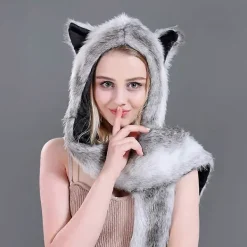 Varg Fuskpäls Party Djur Hatt Halsduk Handskar Vantar för Kvinnor Män 3-i-1 Mjuk Pälsig Hoodie Kostym Hattar Mjuk Varm Mössa Öronlappar(C)><noscript><img width=