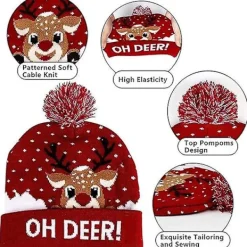 Varm LED Julmössa, Ljus Julmössa, Unisex Stickad Julmössa, Med Renmönster, Passar För Fester (röd)> Huvudbonader