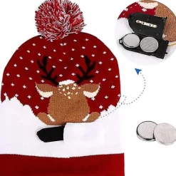 Varm LED Julmössa, Ljus Julmössa, Unisex Stickad Julmössa, Med Renmönster, Passar För Fester (röd)><noscript><img width=