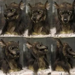 Varulvs ansiktsmask med lysande ögon, rörliga öron och käkar för> Masker