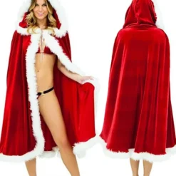 Velvet Hooded Cape Cloak Sexy Santa Cosplay Christmas Costumes 150cm><noscript><img width=