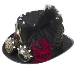 Viktoriansk gotisk cylinderhatt med kugghjul, goggles, kedja, fjäder, mörk ros, steampunk-hatt, halloweenhatt för karnevalsfestdräkt> Huvudbonader