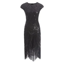 Vintage Flapperklänningar 1920-tal för Kvinnor Kristallpärlbroderad Fransklänning Great Gatsby Klänning Svart Svart Svart {EFY} L> Dräkter