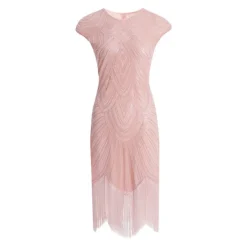 Vintage Flapperklänningar 1920-tal för Kvinnor Kristallpärlbroderad Fransklänning Great Gatsby Rosa Rosa Rosa M> Dräkter