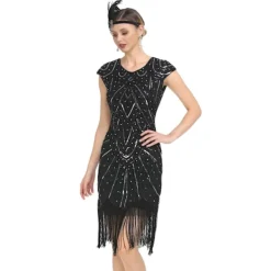 Vintage Flapperklänningar 1920-tal för Kvinnor Kristallpärlbroderad Fransklänning Great Gatsby Rosa Rosa Rosa M><noscript><img width=