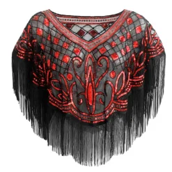 Vintage 1920-tals dam blus med paljetter, mesh, glänsande, kammusslad poncho, mesh broderad blad blus, fest, röd> Dräkter