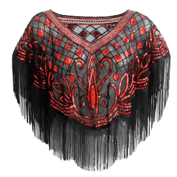 Vintage 1920-tals dam blus med paljetter, mesh, glänsande, kammusslad poncho, mesh broderad blad blus, fest, röd> Dräkter