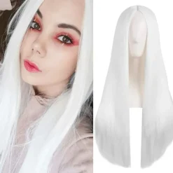 （Vit）Färgglad panda lång rak cosplay peruk med lugg naturlig syntetisk hårperuk för kvinnor eller G><noscript><img width=