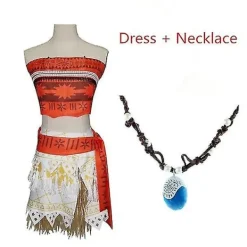 Vuxen & Barn Prinsessa Vaiana Moana Kostymklänningar med Halsband Peruk Kvinnor Flickor Halloweenfest Moana Klänning Kostymer Cosplay M> Peruker