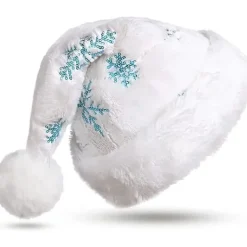 Vuxen vit tomteluva med julplyschhatt och blå snöflinga> Huvudbonader