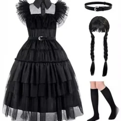 Wednesday Addams 4-delat Cosplay-set för flickor: Klänning, kjol & tillbehör [JUN] 120> Dräkter