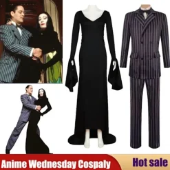 Wednesday Addams Kostym Morticia Maxiklänning Långärmad Herr Gomez Cosplay Endast Peruk One Size> Peruker
