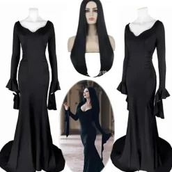 Wednesday Addams Kostym Morticia Maxiklänning Långärmad Herr Gomez Cosplay Endast Peruk One Size><noscript><img width=