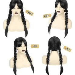 Wednesday Addams peruk för barn och kvinnor, Addams svart lång flätad -FA-> Peruker