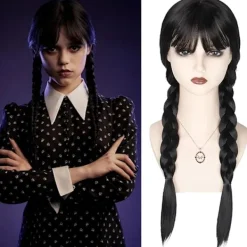 Wednesday Addams peruk för barn och kvinnor, Addams svart lång flätad -FA-><noscript><img width=