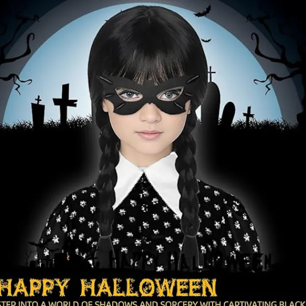 Wednesday Addams peruk för barn och kvinnor, Addams svart lång flätad -FA-> Peruker