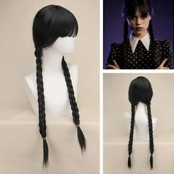 Wednesday Addams Peruk med Peruknät Svarta Peruker för Wednesday Kostym Lång Svart Flätad Peruk Flätade Peruker för Addams Fest> Peruker
