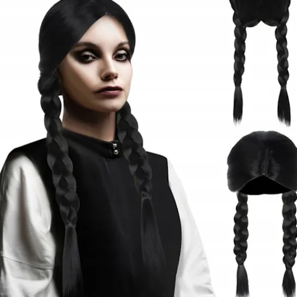 Wednesday Peruk med Flätor - Addams Svart svart> Peruker